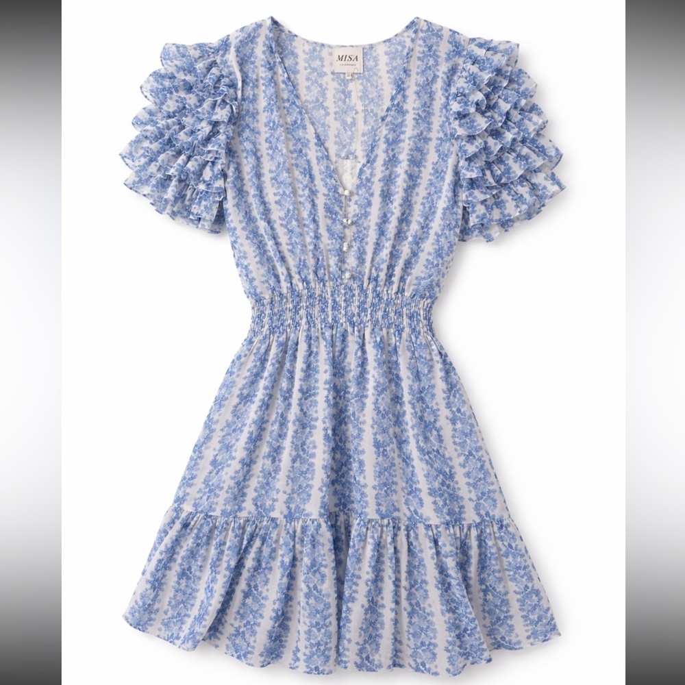 MISA Los Angeles Blue Floral Ruffle Mini Dress – Smocked Waist, V-Neck, NWT